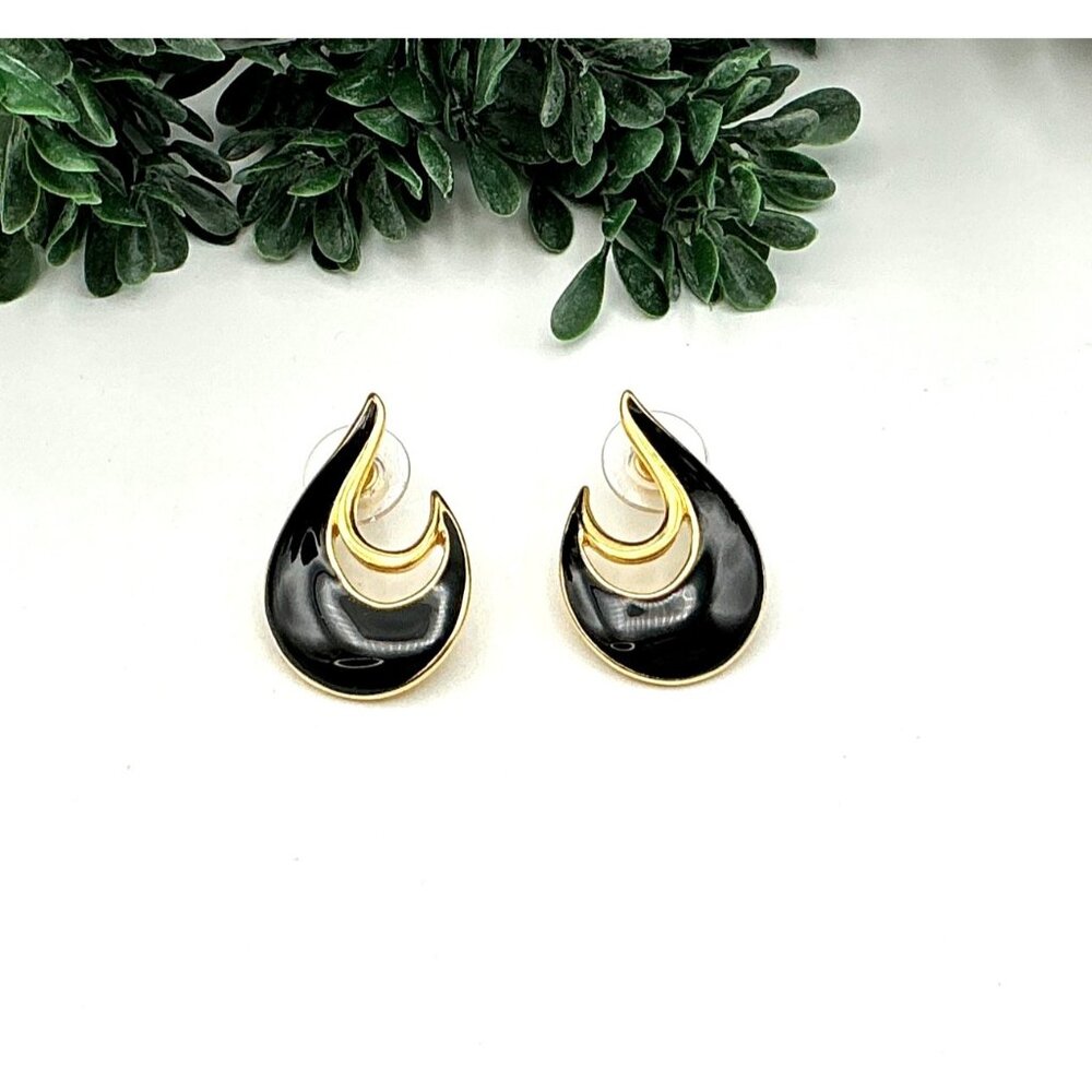 Elegant Black and Gold Teardrop Statement Earrings With Curved Design by Trafari